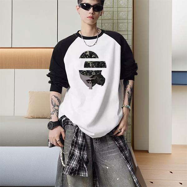 美式拼色插肩袖长袖纯棉t恤圆领宽松报纸印花高街宽松男生款衣服