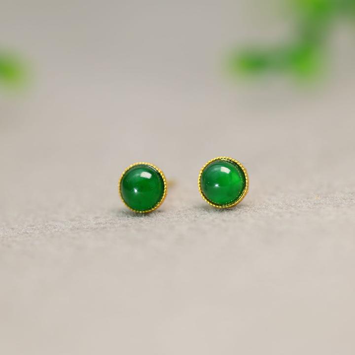 #H952 18K金镶嵌老坑冰种满绿天然A货翡翠圆形蛋面耳钉耳饰