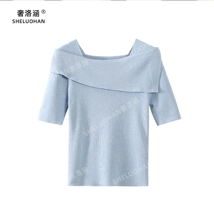 一字肩不规则设计针织衫短袖夏季新品薄款法式纯色显瘦T恤上衣