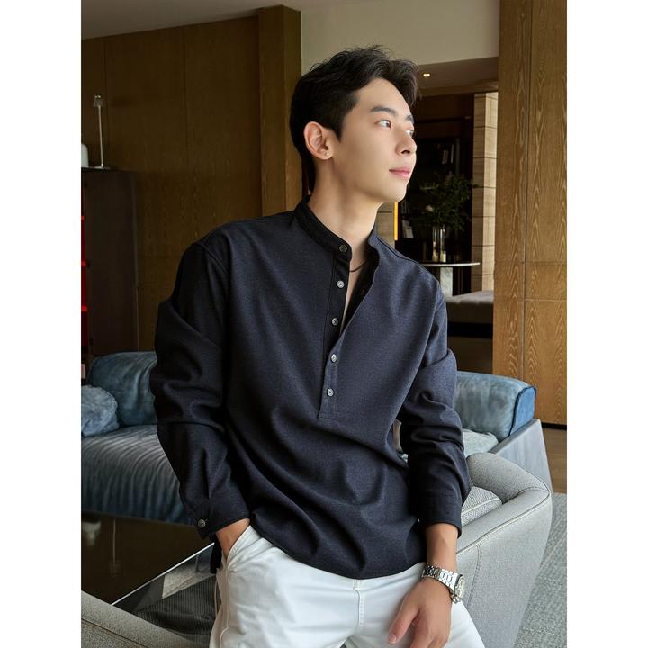 「老钱雅奢风格」秋季莱赛尔天丝混纺极简长襟亨利领上衣长袖T恤