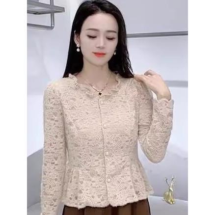 轻奢法式花边圆领长袖衬衫女2025秋冬新款洋气收腰显瘦甜美蕾丝衫