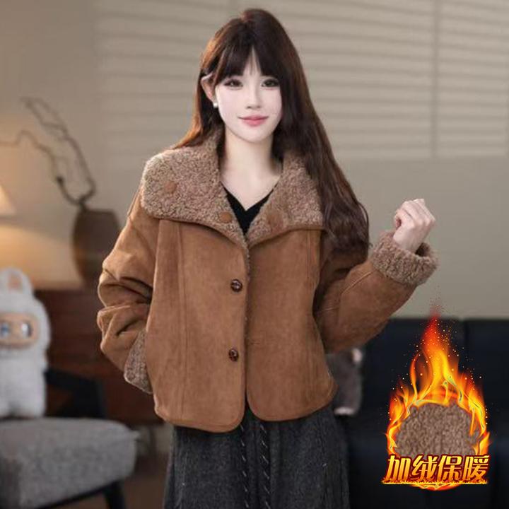 2025年冬季新款百搭气质减龄短外套女加棉加厚翻领单排扣上衣外套