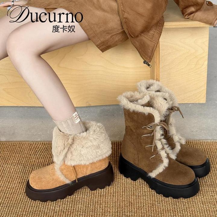 DUCURNO时尚洋气绑带马丁靴女翻领毛毛短靴加绒加厚大棉鞋雪地靴