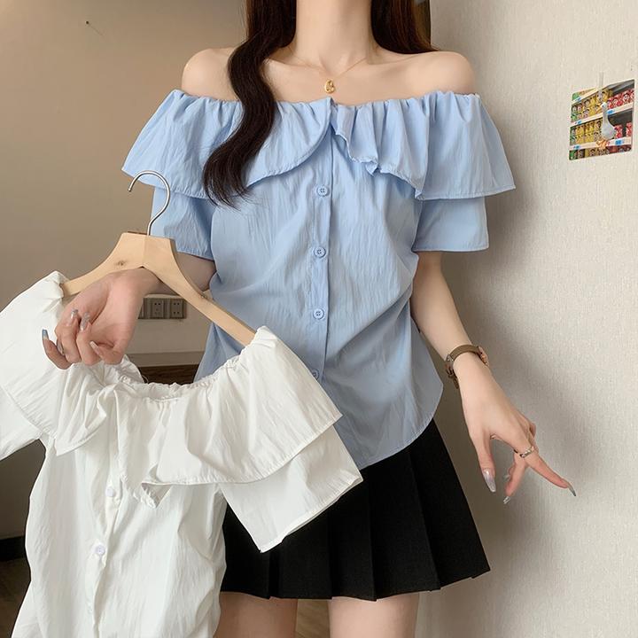 大码女装荷叶边衬衫夏季新款胖妹妹遮肉显瘦高级感短袖一字肩上衣