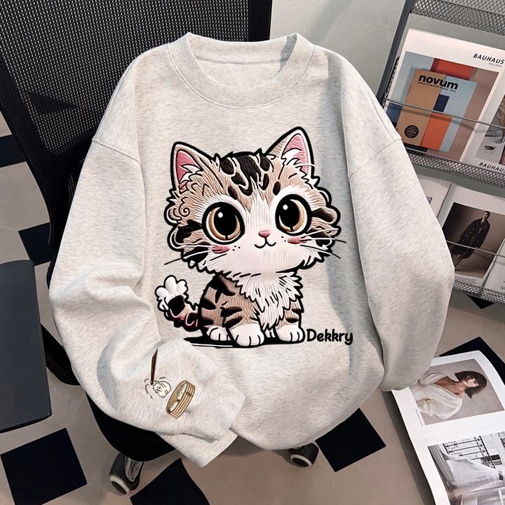 Dekkry韩系可爱猫咪印花秋冬白灰色纯棉长袖t恤男女百搭圆领上衣