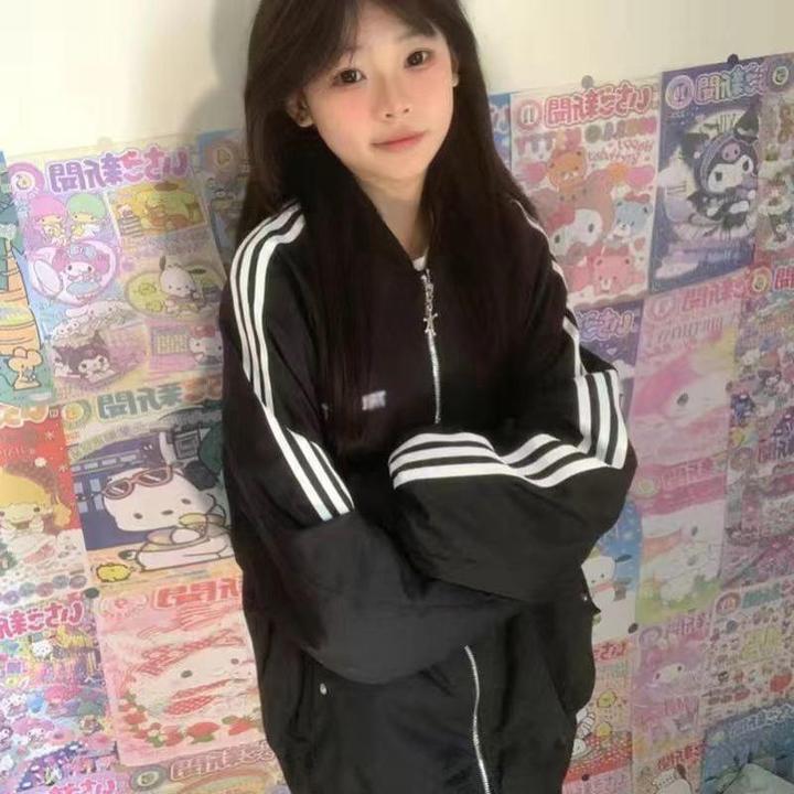 FAVMARTHA中大童装覆古条纹飞行夹克春季新款棒球服宽松百搭外套