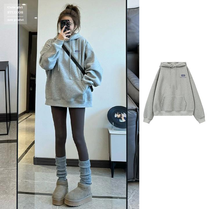 2025新款秋冬季灰色连帽卫衣女宽松慵懒外套加绒加厚女中长款上衣