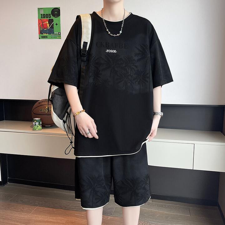 夏季2025新款短袖套装青少年潮流宽松休闲两件套男生酷帅穿搭一整