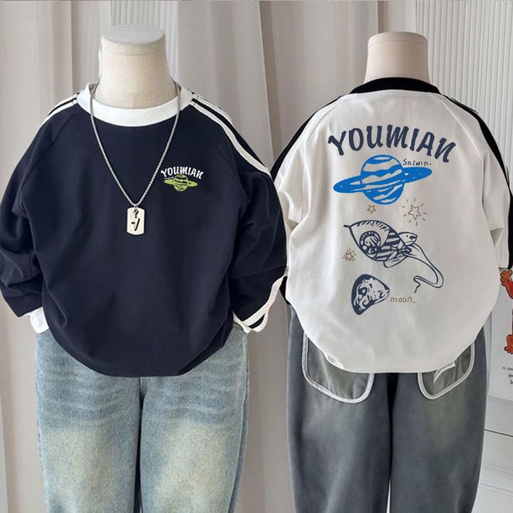 儿童长袖洋气撞色秋季新款男童女童宝宝印花T恤2025纯棉打底上衣