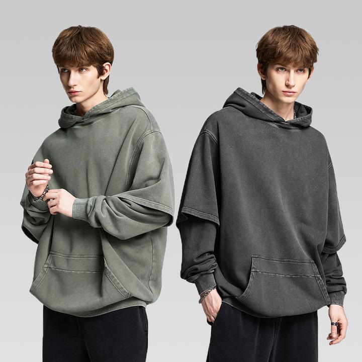 2025秋冬400G假两件水洗连帽卫衣ins美式潮牌宽松百搭套头连帽衫