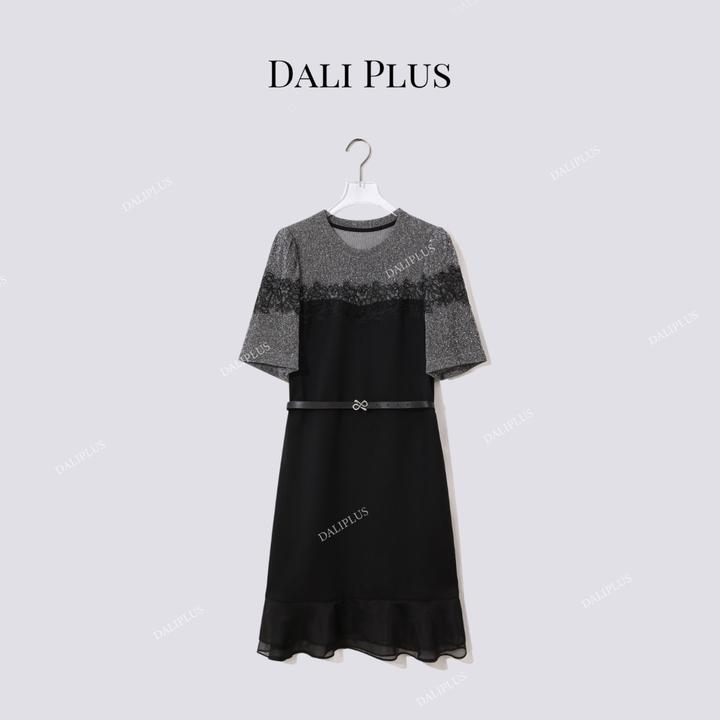 DALI PLUS“星空蕾T恤裙”桑蚕丝下摆闪闪轻薄圆领连衣裙-D5XH0077