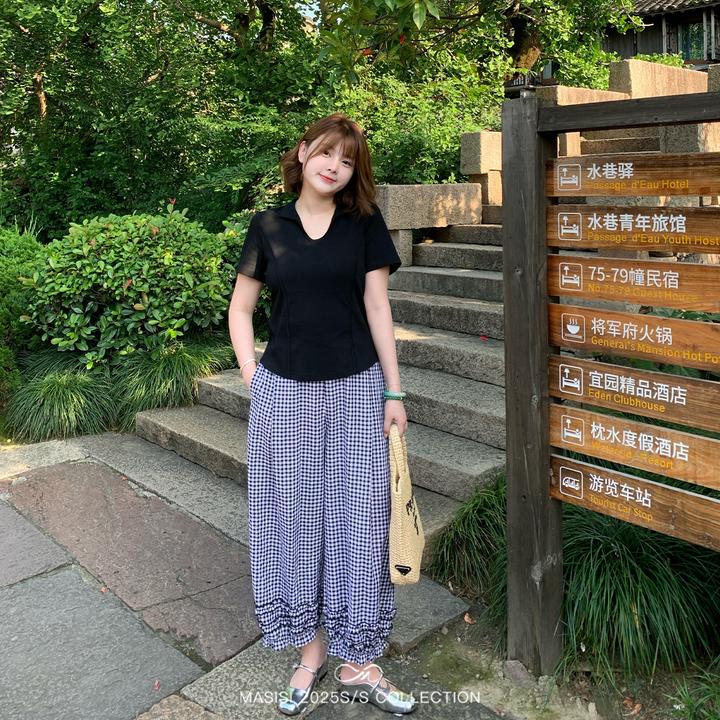 马西西大码女装鱼骨正肩翻领短袖t恤夏季微胖mm宽松收腰显瘦上衣
