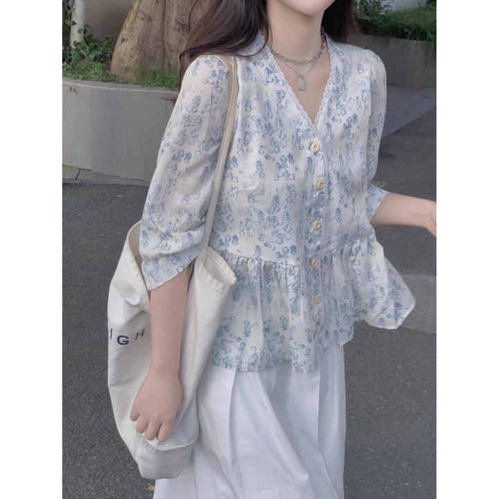 法式碎花娃娃衫半袖雪纺衬衫女春夏季新款设计感小众宽松显瘦上衣