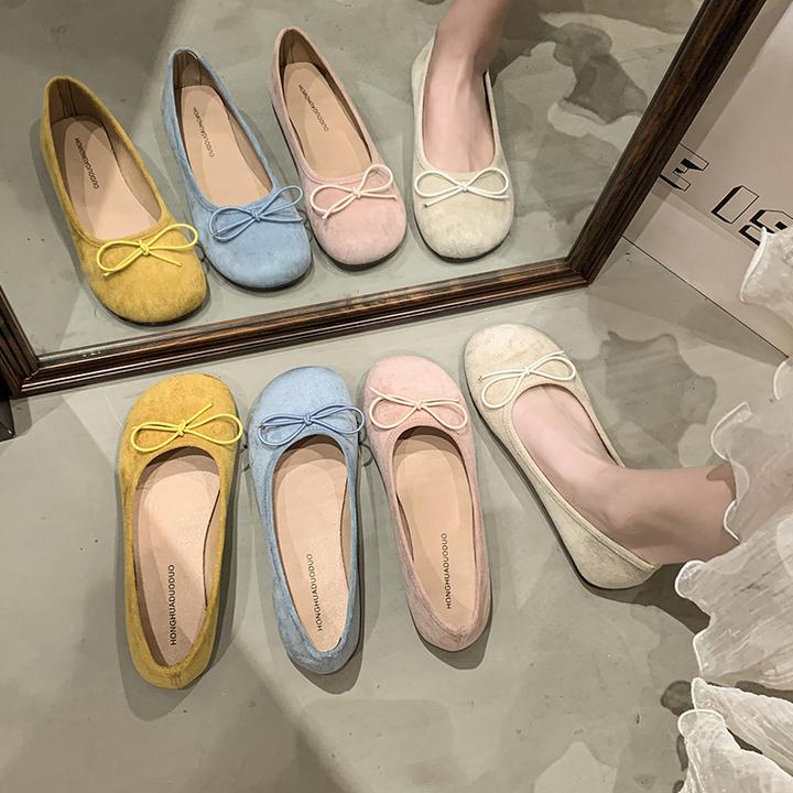 豆豆女鞋2025年春秋季新款蝴蝶结绒面浅口单鞋圆头舒适软底不累脚