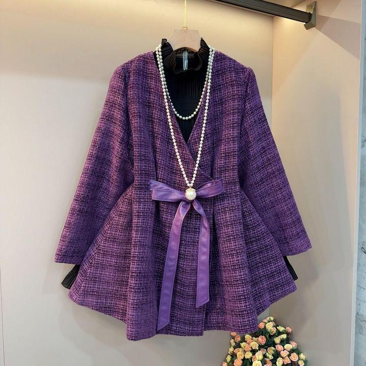 大码女装冬季新款收腰气质v领韩系宽松百搭遮肉显瘦加厚毛呢外套