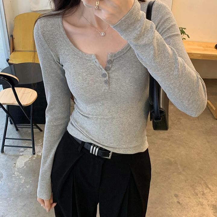网红洋气炸街女t恤女春秋冬季纯欲修身内搭U领长袖打底衫上衣小众