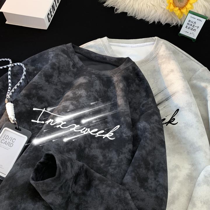 美式男士秋季宽松透气痞帅长袖扎染印花T恤圆领简约休闲ins风潮流