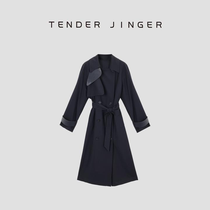 Tender Jinger【黑标】羊皮革拼接经典简约羊毛风衣外套T53MDD30450