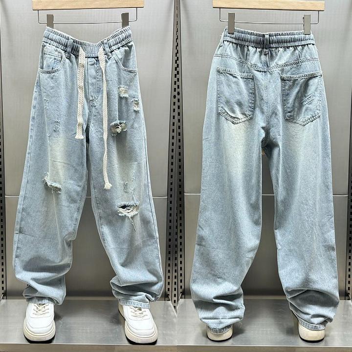 2025夏季薄款破洞牛仔裤男士潮牌修身小脚裤水洗松紧腰九分休闲裤