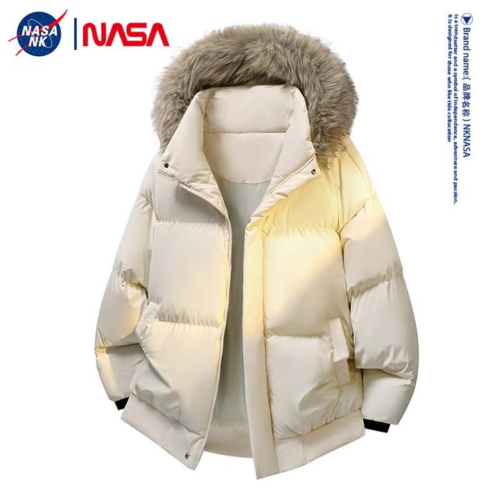 NASA联名冬季潮牌保暖连帽毛领防风棉衣外套男款美式休闲面包棉服