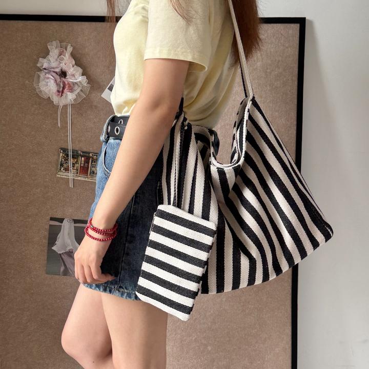 【菜芽子】2025新款韩系条纹帆布包女通勤单肩包大容量斜挎包托特包