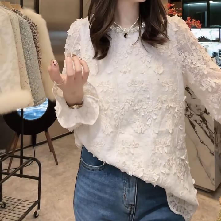 【心上人】法式轻奢蕾丝打底衫秋冬厚款重工气质长袖衬衫LK2501278