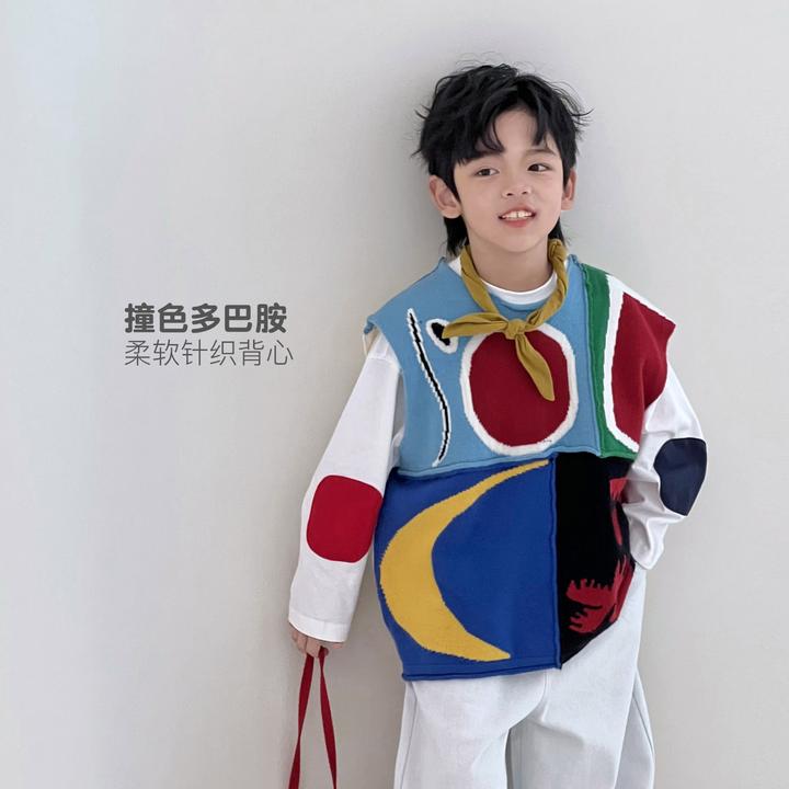 【蓝兔】秋季复古拼色男童针织背心儿童洋气韩版撞色5086239O1