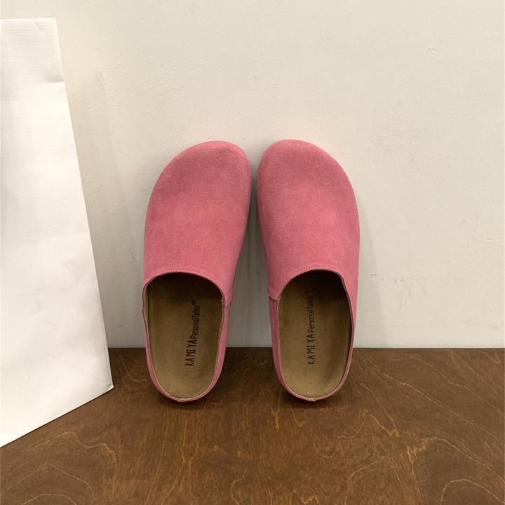 露趾凉鞋编织厚底包头半拖鞋女外穿平底圆头拖鞋磨砂皮休闲凉拖