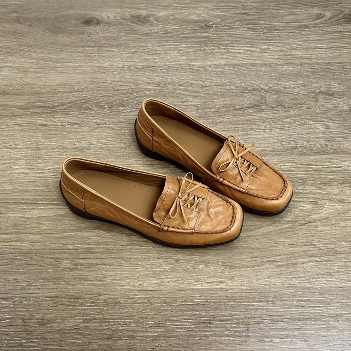 Dannyfrey新款文艺风褶皱植鞣皮百搭通勤蝴蝶结一脚蹬乐福鞋女