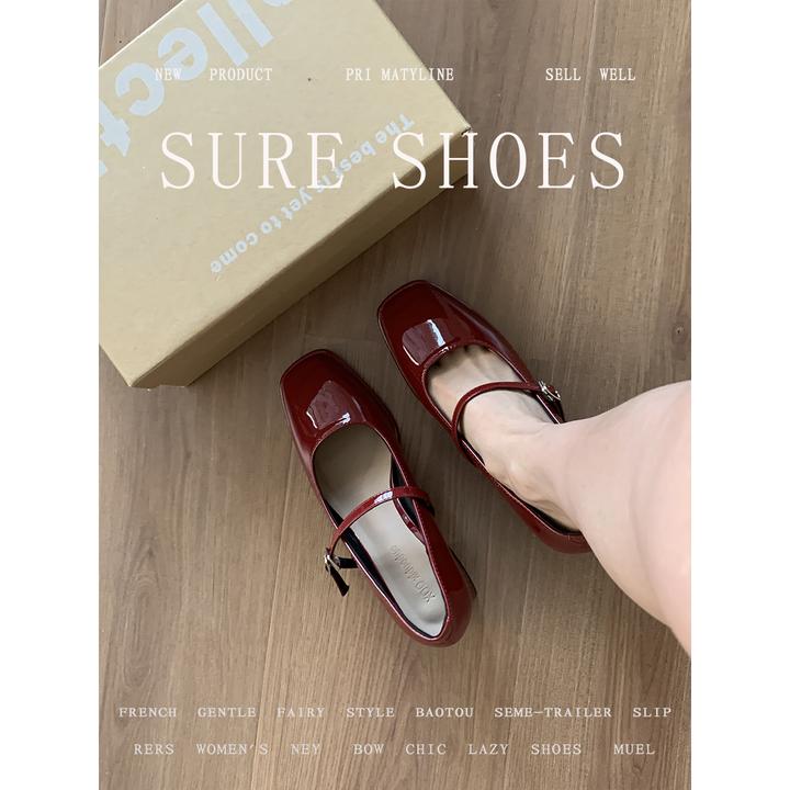 羊皮版！气质漆皮红色粗跟玛丽珍单鞋女鞋子春秋新款配裙子高跟鞋