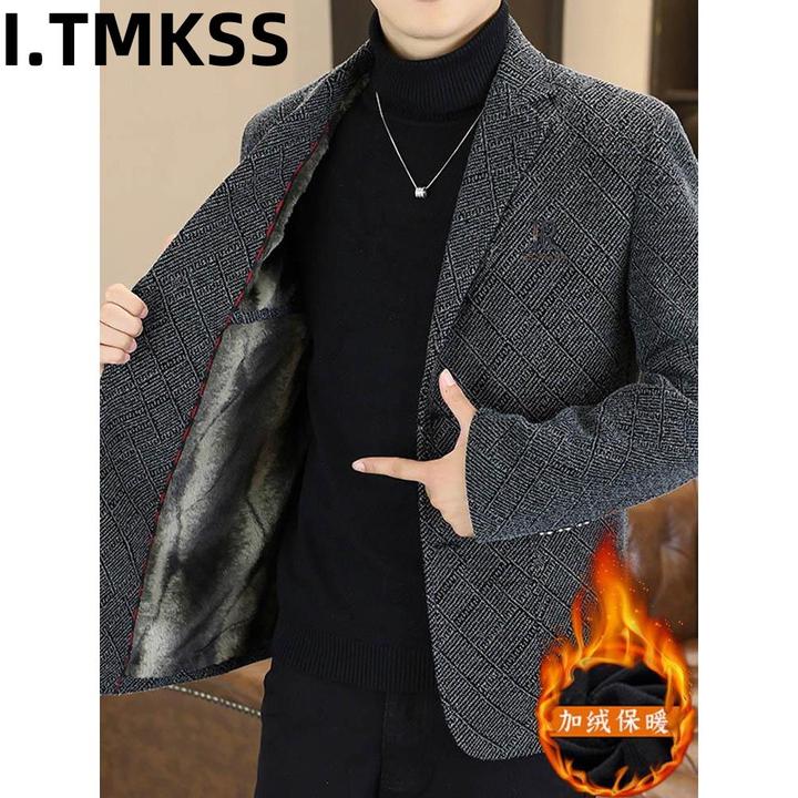 秋冬季加绒加厚毛呢西服男士休闲帅气时尚潮流呢子西装外套男上衣