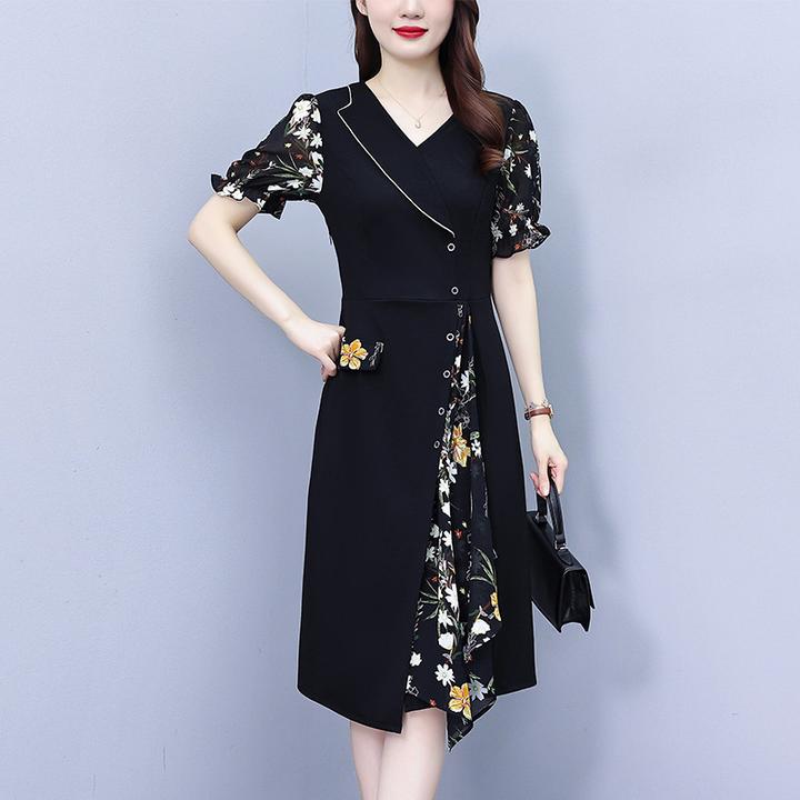 大码女装2025夏季新款胖mm西装领雪纺碎花拼接时尚中年遮肚连衣裙