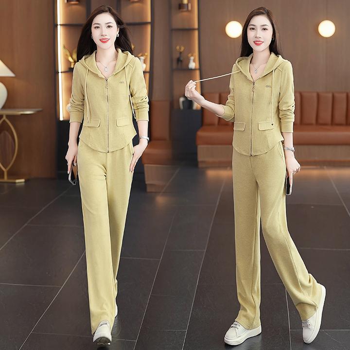 轻奢小众连帽卫衣开衫直筒裤两件套女士2025春秋季新款运动服套装