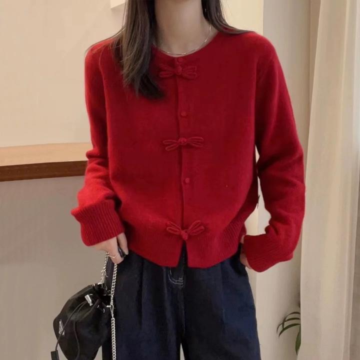 新中式洋气蝴蝶结纽扣保暖针织衫女秋冬新款简约百搭休闲毛衣外套