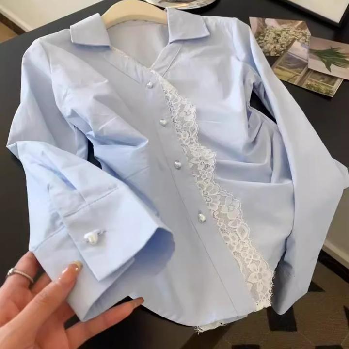 掐腰显瘦不挑人！奶呼呼收腰蕾丝蓝色衬衫女温柔显瘦百搭上衣女款