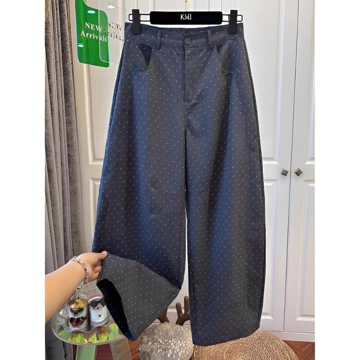 今年流行夏季胖MM高腰设计感时尚波点休闲裤百搭阔腿裤显瘦弯刀裤
