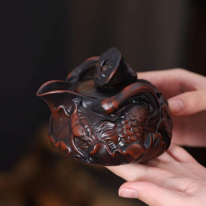 双鱼宝瓶器型手工紫陶手抓壶家用功夫泡茶茶具陶瓷大容量描金茶壶