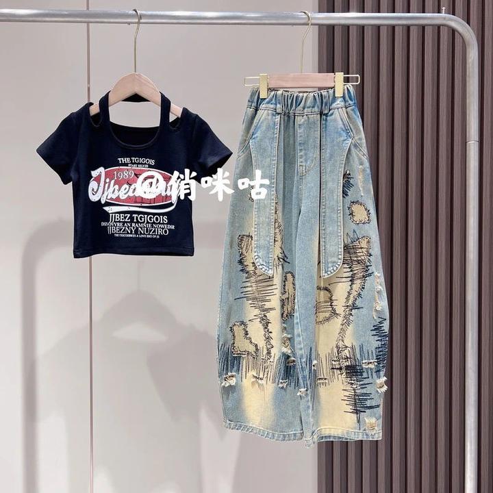 童泰【断码】女童夏款套装潮新款儿童韩版短袖恤女宝宝爆款牛仔裤
