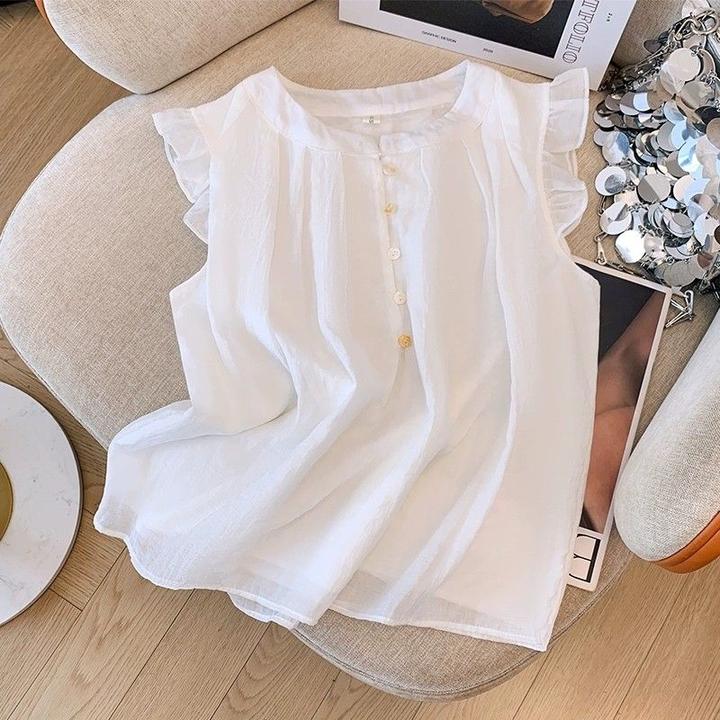 韩系蓝色衬衫女夏慵懒木耳边无袖衬衣法式圆领压褶小飞袖雪纺上衣