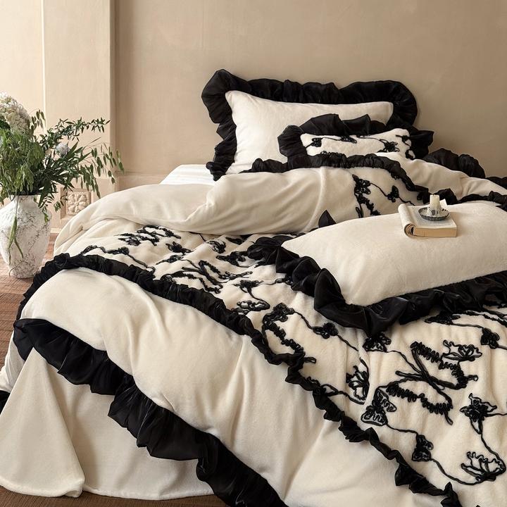法式冬季黑白双面绒四件套公主风花边牛奶绒被套双面毛绒被套床品