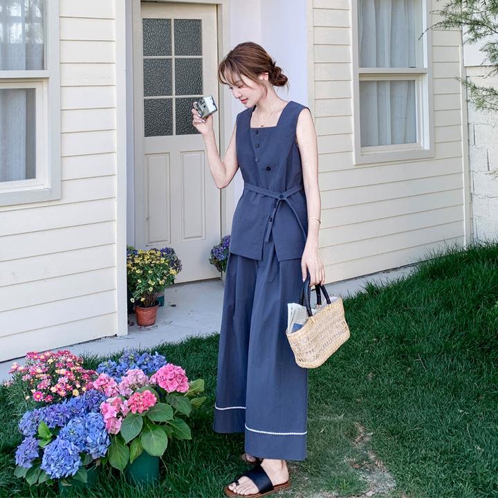 松弛感韩系套装裤女2025夏季新款可盐可甜无袖背心阔腿裤两件套潮