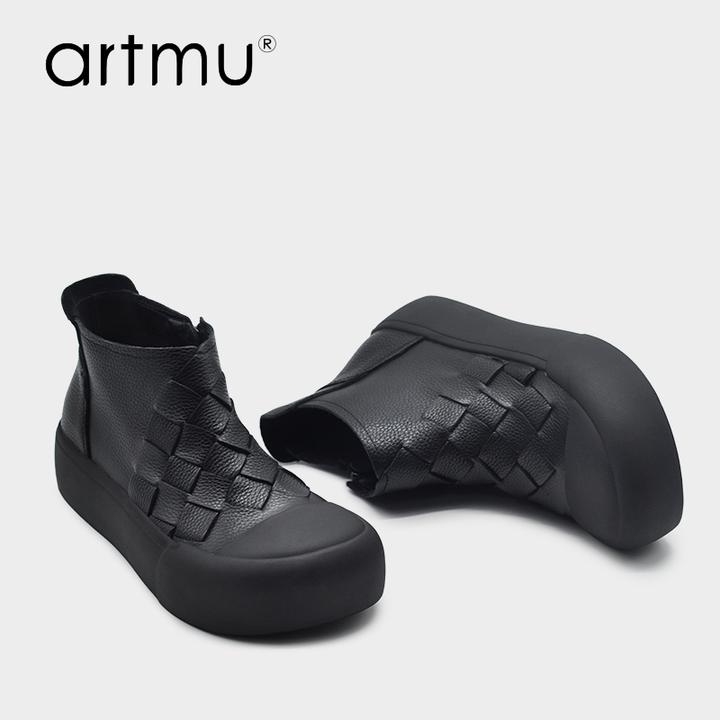 Artmu阿木复古真皮编织休闲超火小短靴女款厚底靴子黑色单靴8871