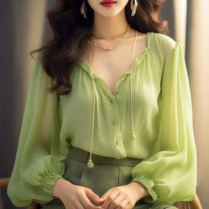 C2025夏款女装欧货洋气小衫v领薄款透气内搭法式气质长袖雪纺上衣