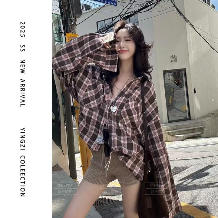 颖子定制【高智淡人】街头复古感撞色格纹衬衫休闲通勤百搭衬衫9799