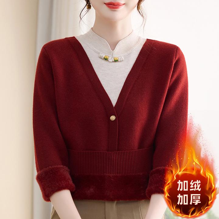妈妈秋装打底衫旗袍领宽松毛衣中老年秋冬加绒加厚针织假两件上衣
