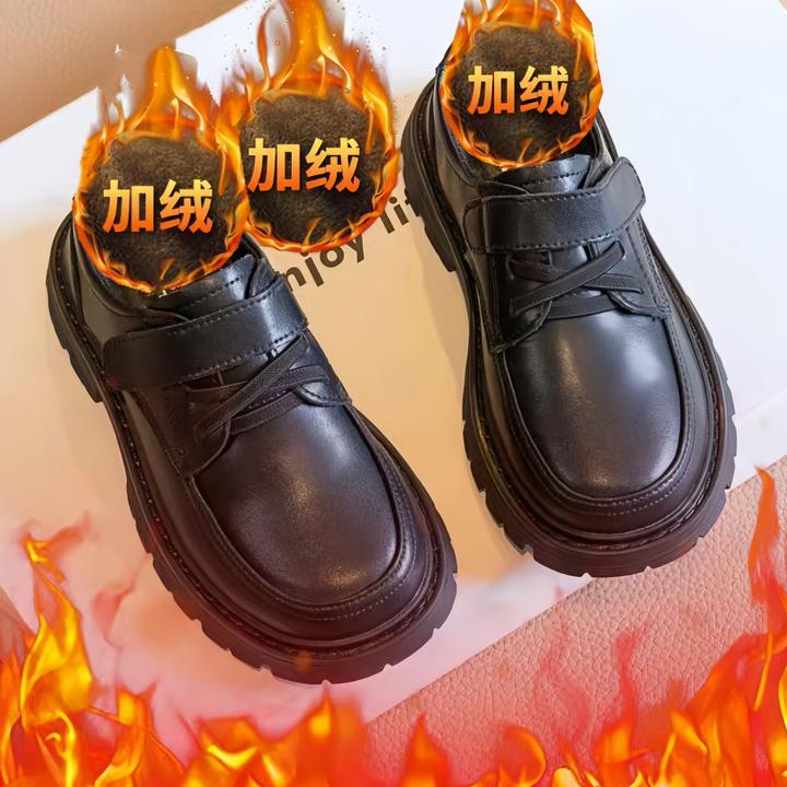 男童黑皮鞋秋冬加绒黑色英伦风软底宝宝演出小学生儿童6-12岁防滑