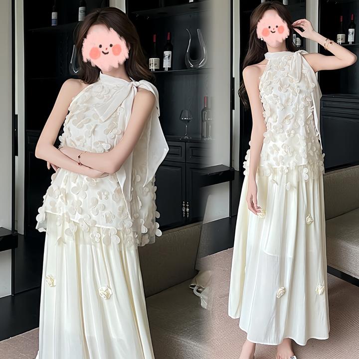 早春新款设计感无袖花朵上衣气质显瘦蕾丝半身裙复古百搭小清新女