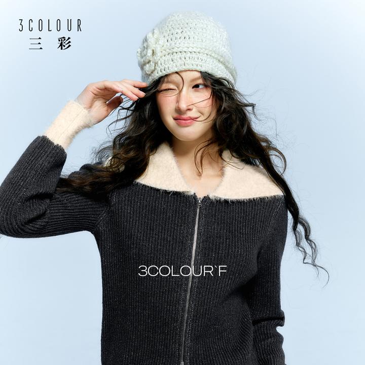 三彩独醒2025冬季新款翻领拉链开衫针织衫长袖毛衫休闲简约F