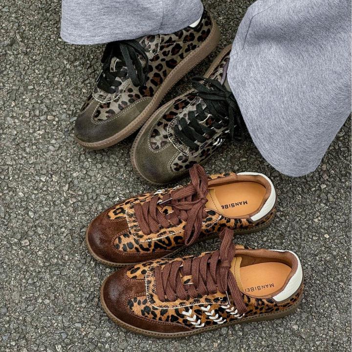 2025年秋季新款复古时尚磨砂皮豹纹德训鞋潮流百搭拼色休闲单鞋女