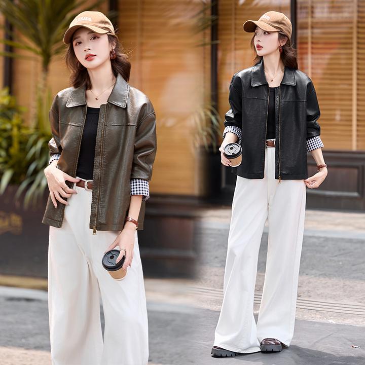 2025超火韩系休闲翻领小皮衣女秋季独特超好看pu皮夹克短款外套